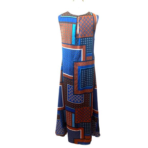 Misa Blue Patchwork Midi Dress MEDIUM Satin Vacation Aline Weekend Designer $410 - Picture 7 of 13